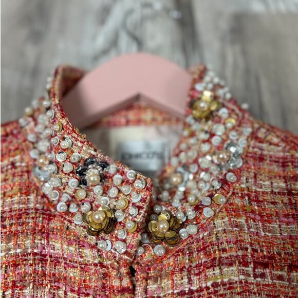 Chico’s Embellished Collar Cuff Tweed Jacket Multicolor Plaid Women’s Size Large - Picture 6 of 16